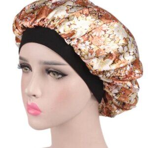 Yellow Floral Print Satin Silky Hair Bonnet with Elastic Band (Never Worn)